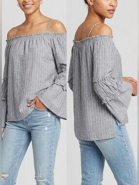 Calvin Klein Women's 100% Viscose Blouse Chambray Striped On/off Shoulder Small